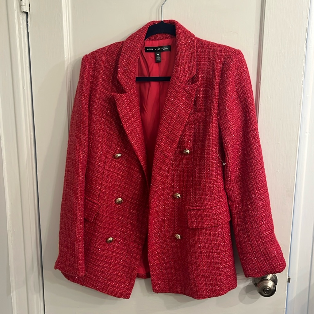 Bloomingdale’s Aqua Hot Pink Tweed Blazer Size Small